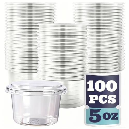 100 adet 150ml (5oz) plastik tatlı kapları (50 kap ve 50 kapağı) fırınlar, dondurma pasta gıda kapları, çeşitli soslar, gıda numuneleri ve saklama el sanatları için uygundur