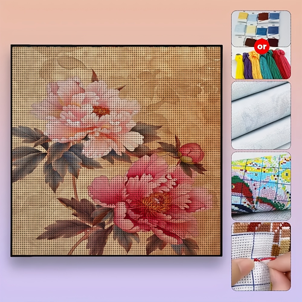 11CT Printed DIY Cross-Stitch Kit, Fine Peony Floral Pattern