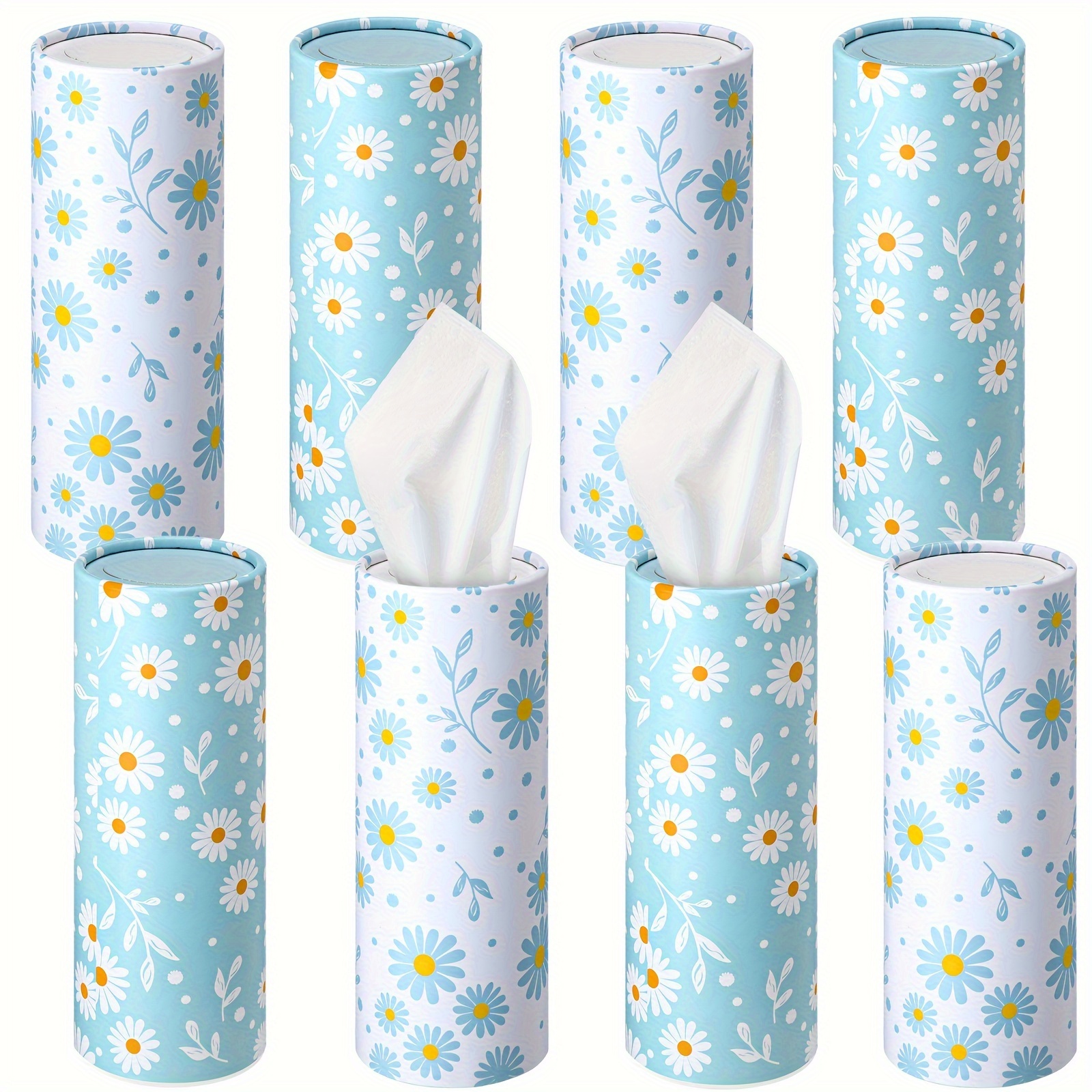 

8 Pack Car Tissues Holder With Facial Tissues Bulk Car Tissues Cylinder Daisy Tissue Holder For Car Travel Tissues For Car Cup Holder Car Tissue Box Round Container (blue, White)