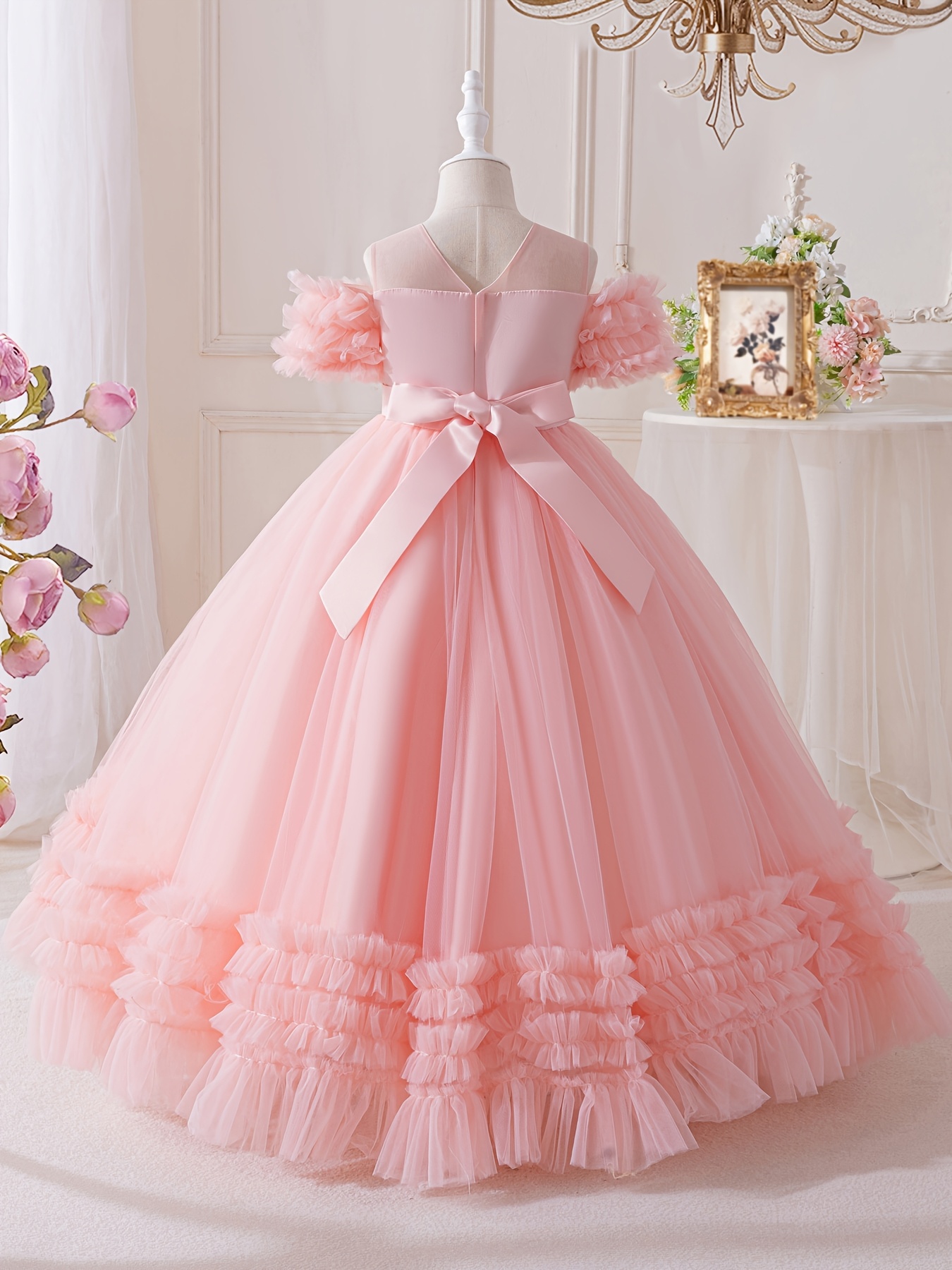 Pink Soft Flower Girl Dresses Girls' Elegant Long Sleeve Tulle