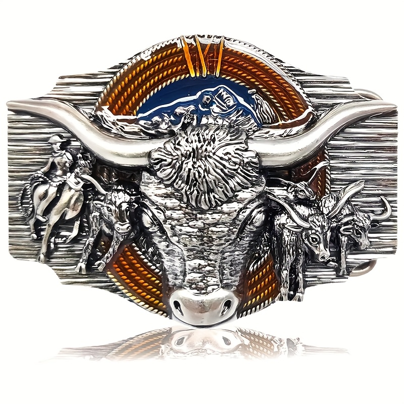 E-shop 1 Herren Western Cowboy Gürtel mit verziertem Stierkopf Schnalle, Zinklegierung Herren Stierkopf Vintage Gürtelschnalle, Wettkampf Kuh Western