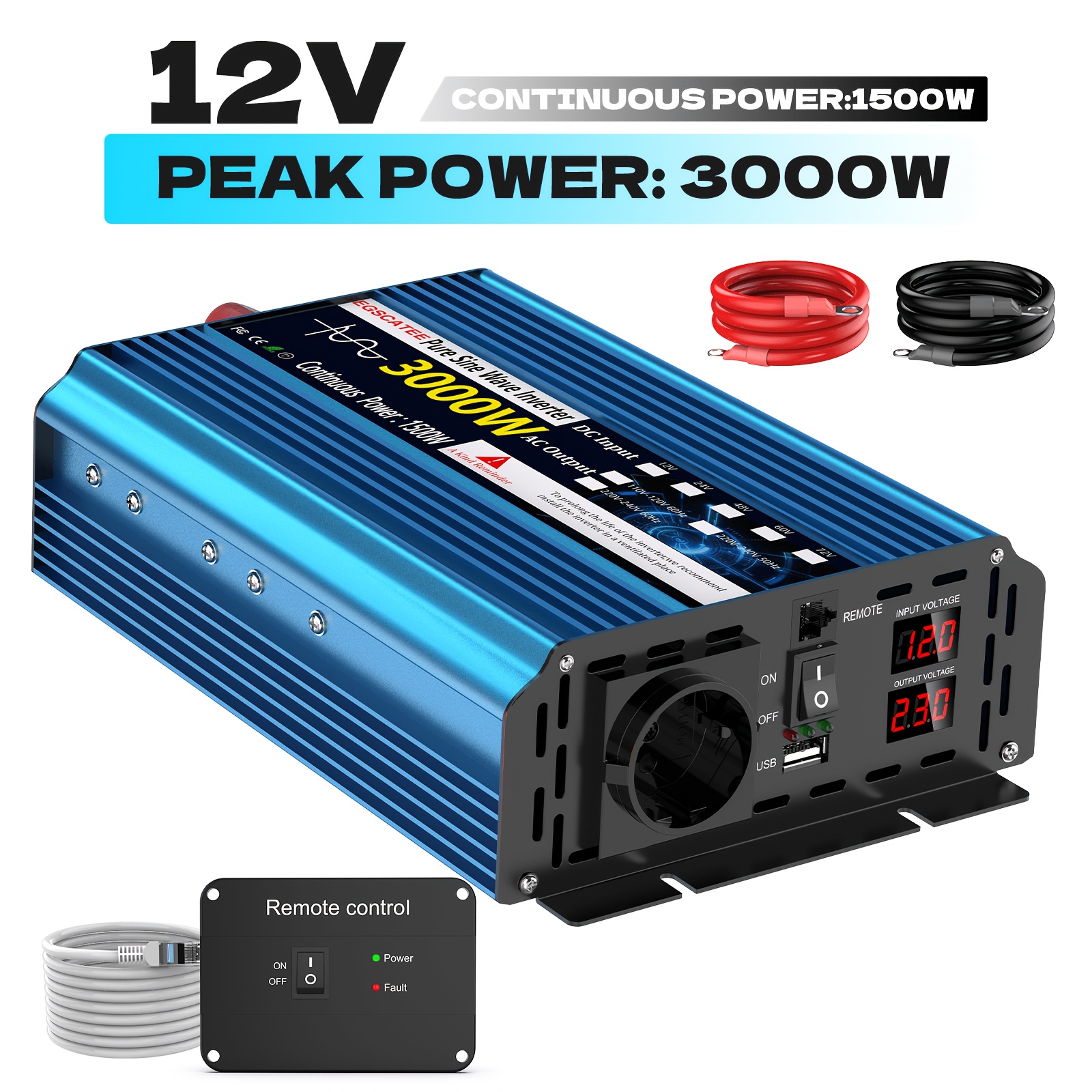 Image of 1500w 3000w Power Inverter Pure Sine Wave 12v 24v To Ac 220v 230v Inverter Backup Power Transformer With Ac Socket Lcd Display Wired Remote Control Switch For Rv Outdoor Camping