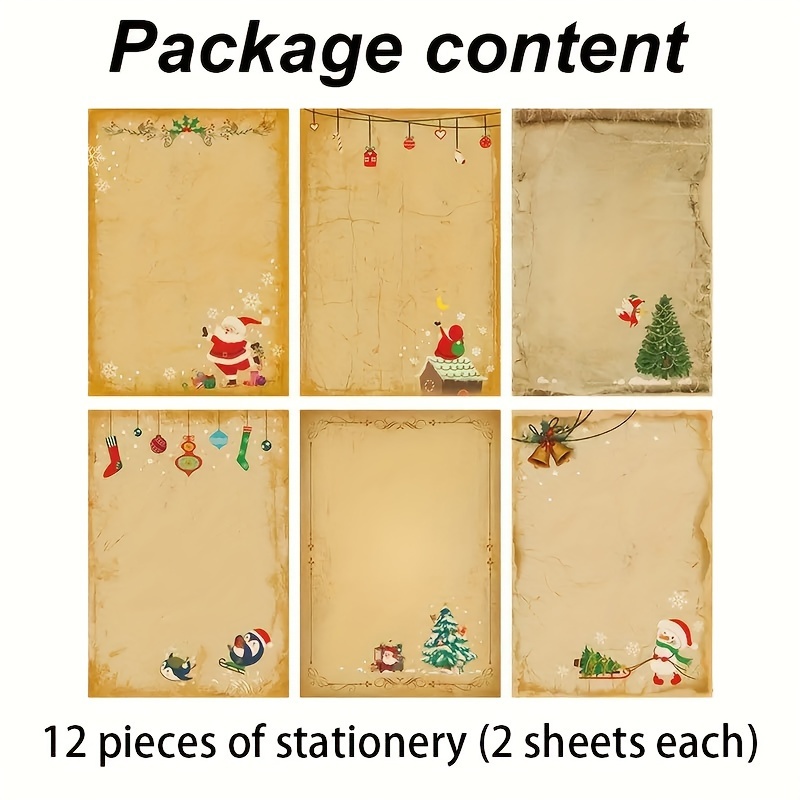 TEMU Set de Papel de Carta Navideño 12/12/30 piezas, Papel Tradicional Vintage para Cartas Navideñas, Varios Estilos, Set de Papelería para Escribir