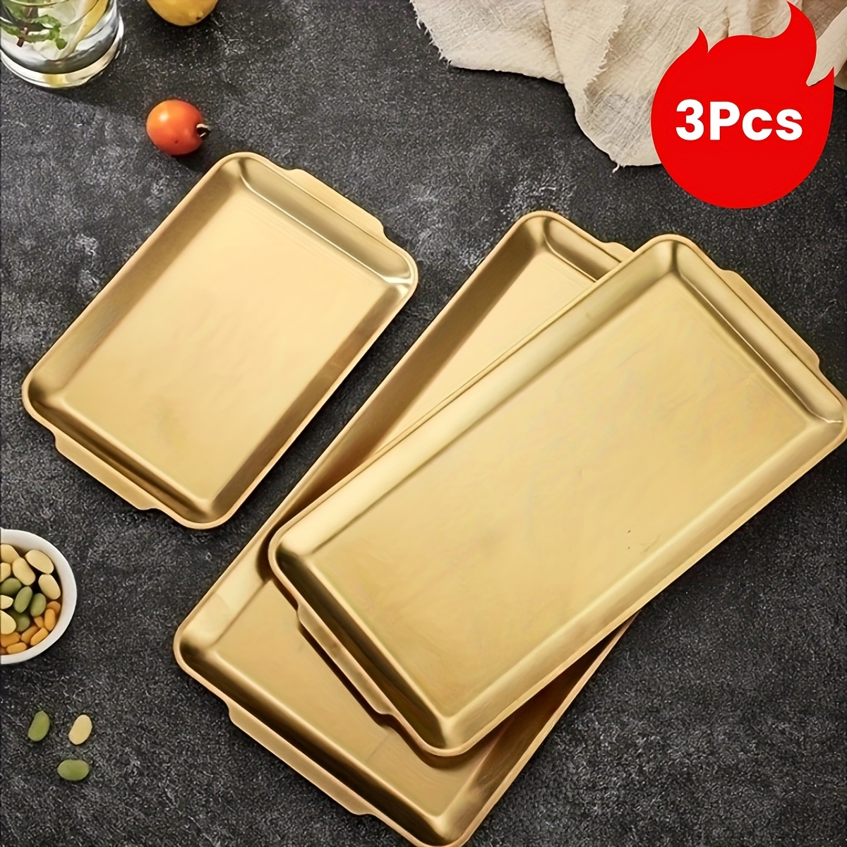 3 plateaux de service en acier inoxydable doré, assiettes rectangulaires métalliques avec poignées, plateaux décoratifs pour bbq, dîner, buffet,  , grillades et snacks - idéal pour cuisine maison ou restaurant
