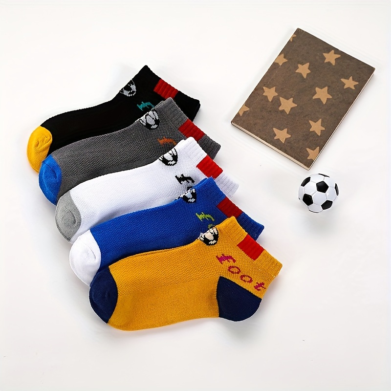 5 Pairs Boys' Soccer Socks - Soft Breathable Ankle Socks with Elastic Ribbed Cuffs, All-Season Comfort for Outdoor Play & Casual Wear, Hand Wash Only, Vibrant Colors (Yellow, Blue, Red, Black, White), Soccer Socks, Kids Sports Footwear, Playful Kids Design, Comfortable Fit