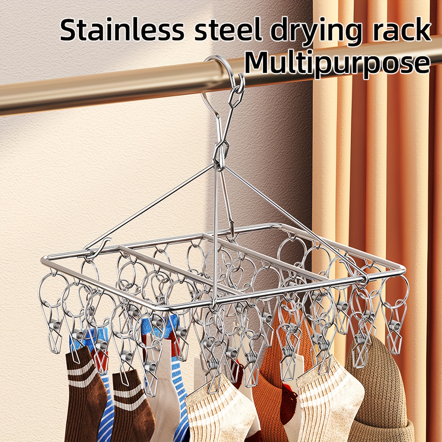 1pc stainless steel sock drying rack with multiple clips windproof swivel hook   socks bras underwear essential laundry accessory details 5