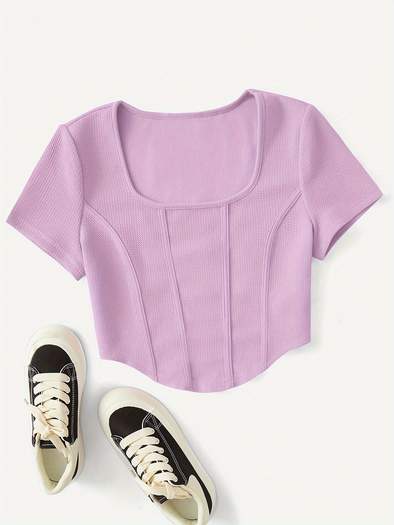 Solid Color Square Neck Bustier T-shirt, Casual Short Sleeve Crop Knitted T-Shirt For Summer, Women's Clothing