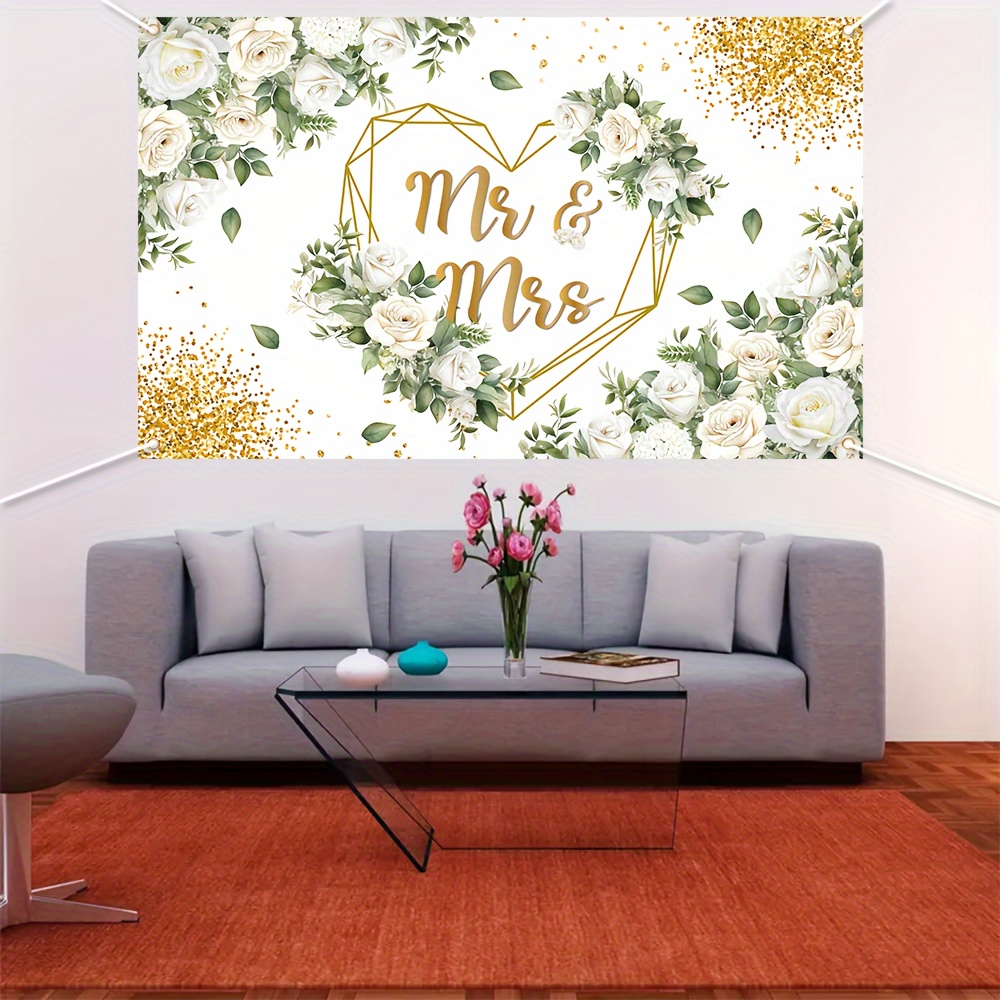 

Mr. & Mrs.'s Wedding Backdrop - 70.8" X 43.3" White Floral Banner, Durable Polyester, Perfect For Engagement & Bridal Parties, Indoor/outdoor Decor