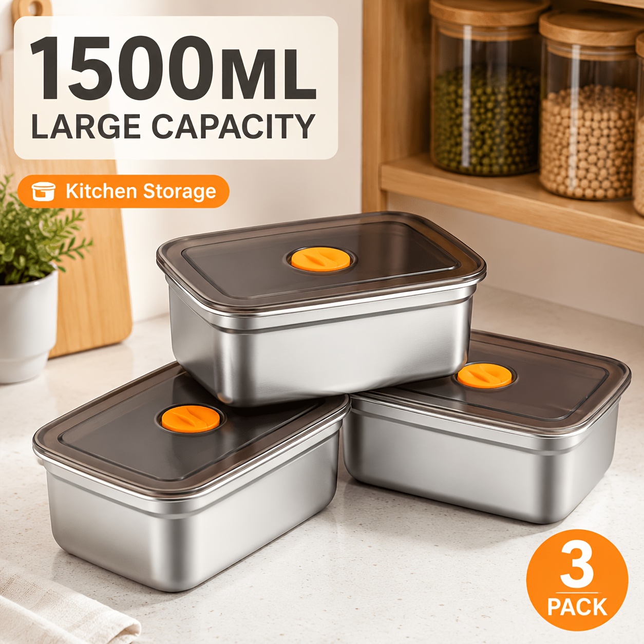 3pcs Airtight Stainless Steel Food Container With Lid, Vacuum Seal Leak Proof Lunch Box, Reusable Meal Prep Container For Fresh Food, Fruits & Snacks