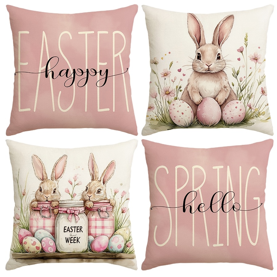 

4-pack Rustic Country Style Easter & Spring Themed Pillow Covers, Polyester, Machine Washable, Decorative Zippered Sofa Cushion Cases, 17.72x17.72 Inches, Woven Fabric, For Home & Party Decor