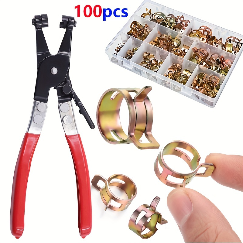 

100pcs Metal Spring Hose Clamps With Pliers - Fuel, Gas & Water Pipe Ferrule Fitting Tools Kit