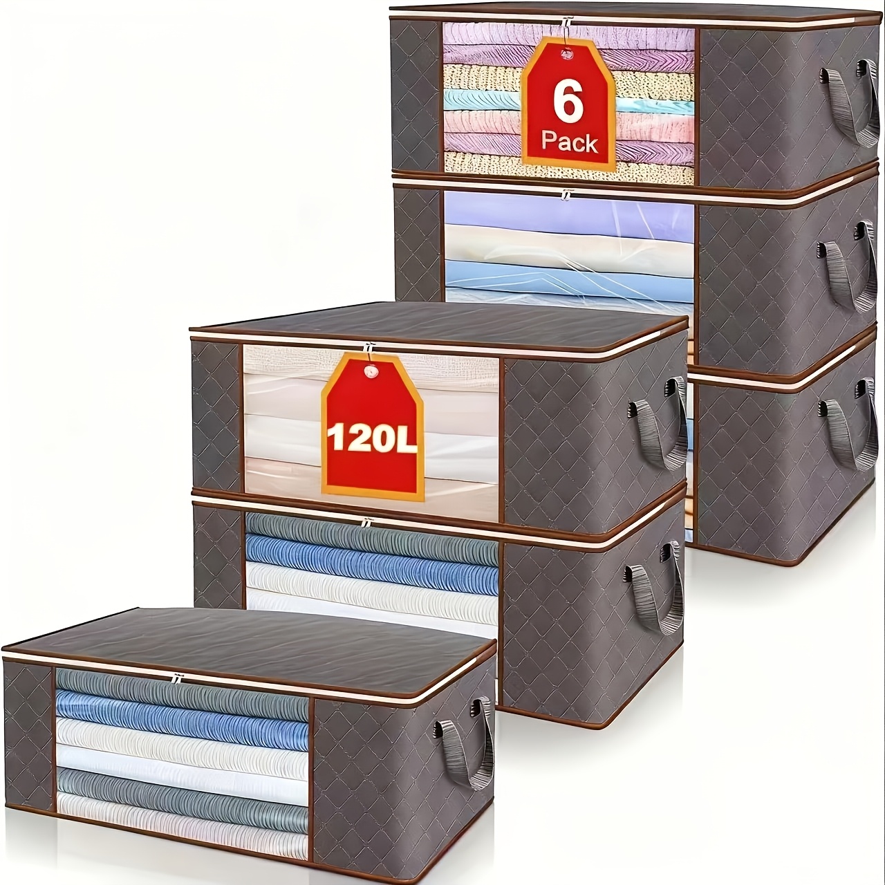 TEMU 6pcs Large Capacity Foldable Storage Bags, Durable Fabric With Reinforced Handles, Dual Zippers For Space Saving, Transparent Window, Portable