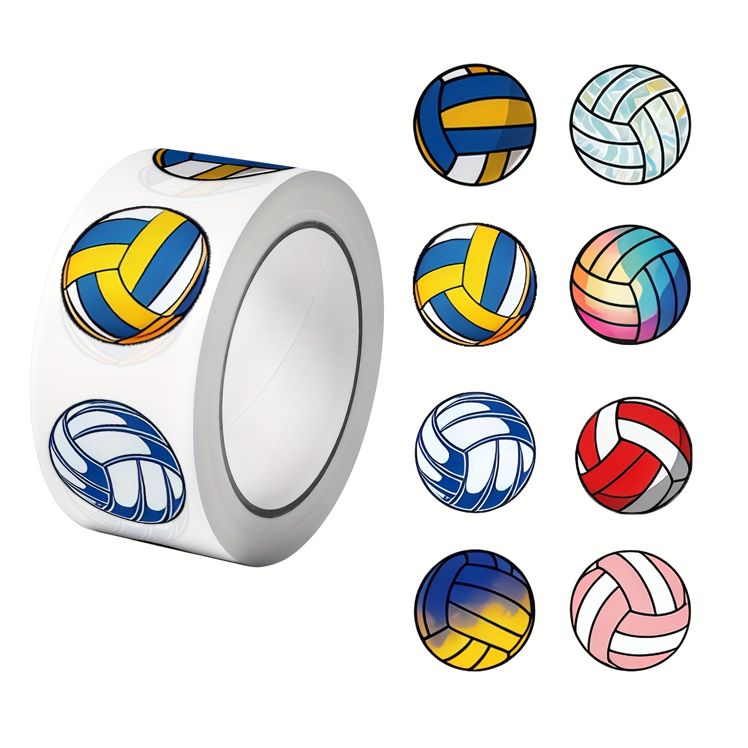 TEMU 1 rollo (500 piezas) de etiquetas adhesivas decorativas con de voleibol y Vitalidad Circular, 8 diseños de calcomanías, etiqueta adhesiva de 2.5