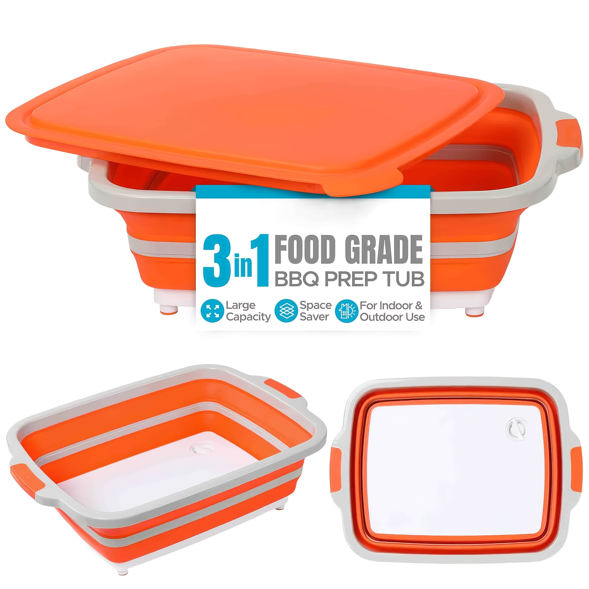TEMU Foldable Bbq Preparation Container - Ideal For Meal Preparation And Food Storage - Comes With A Cutting Board And A - (1) Original - Orange