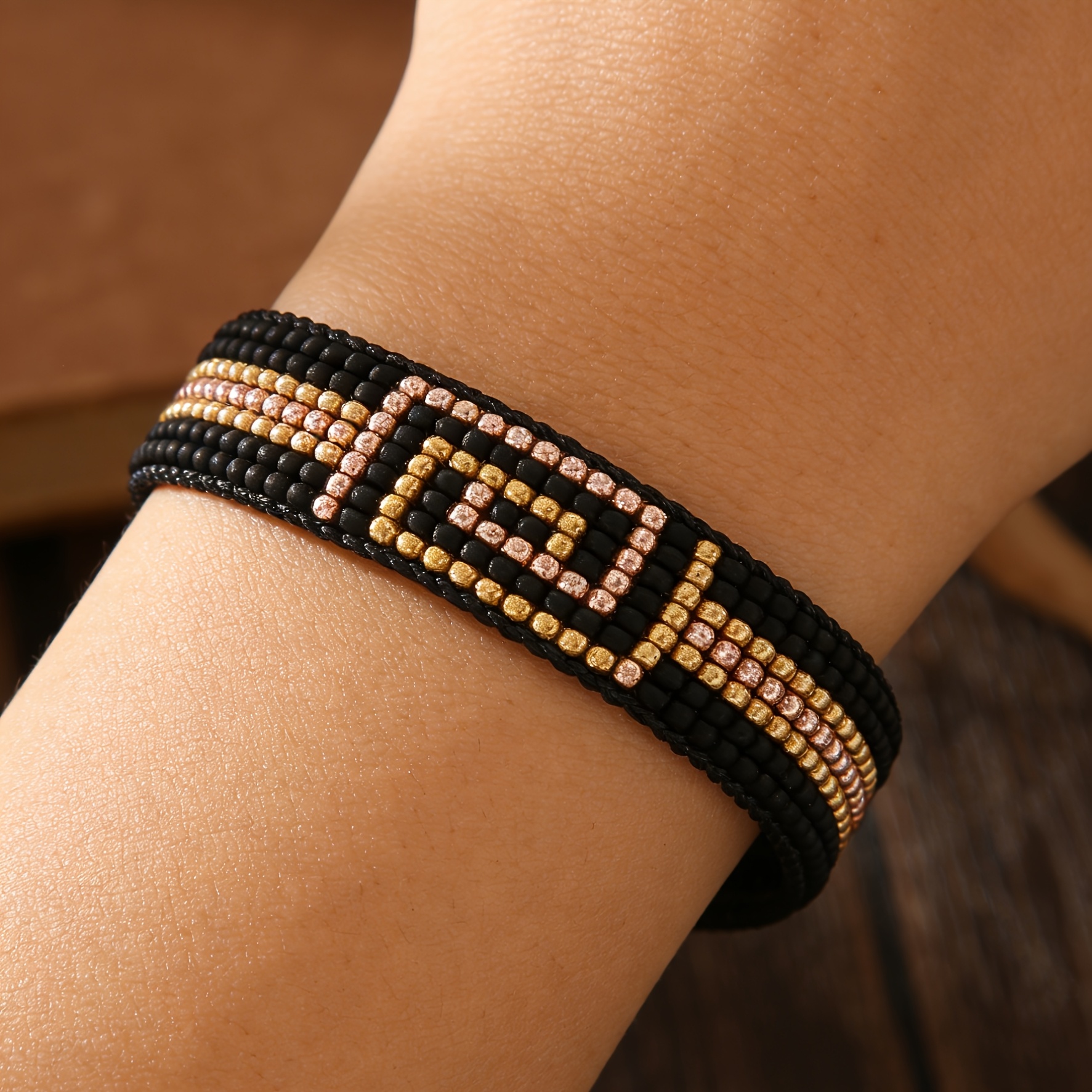 TEMU Handmade Beaded Bracelet, Bohemian , With Seed Beads, Blue And Black Color Scheme, Geometric Irregular Pattern, Adjustable Wax Cord Length,