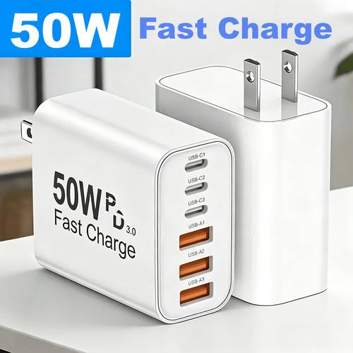 50w usb c fast charger type c 6 port pd charger 3pcs usb c and 3pcs usb a portable adapter and office charging head compatible for iphone 18 17 16 15 14 se x xs 8 plus xiaomi s22 s21 s20 compact us plug
