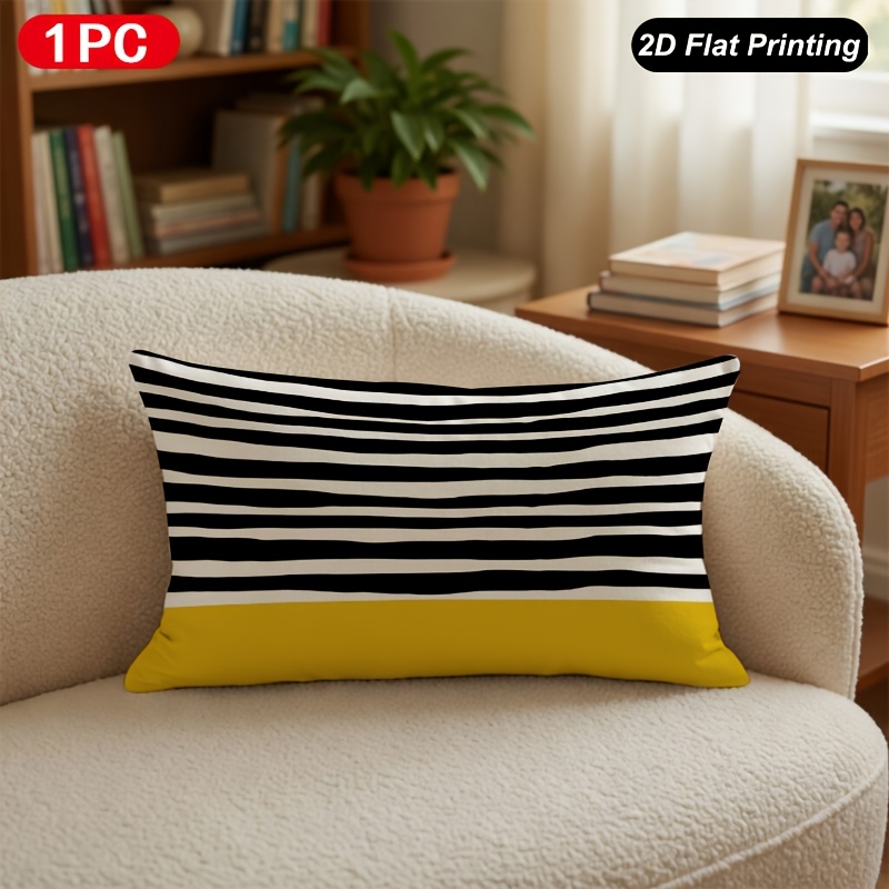 TEMU 1 pièce Housse de coussin lombaire décorative à impression 2D à plat, motif à rayures noires, blanches et jaunes, pour décoration intérieure et