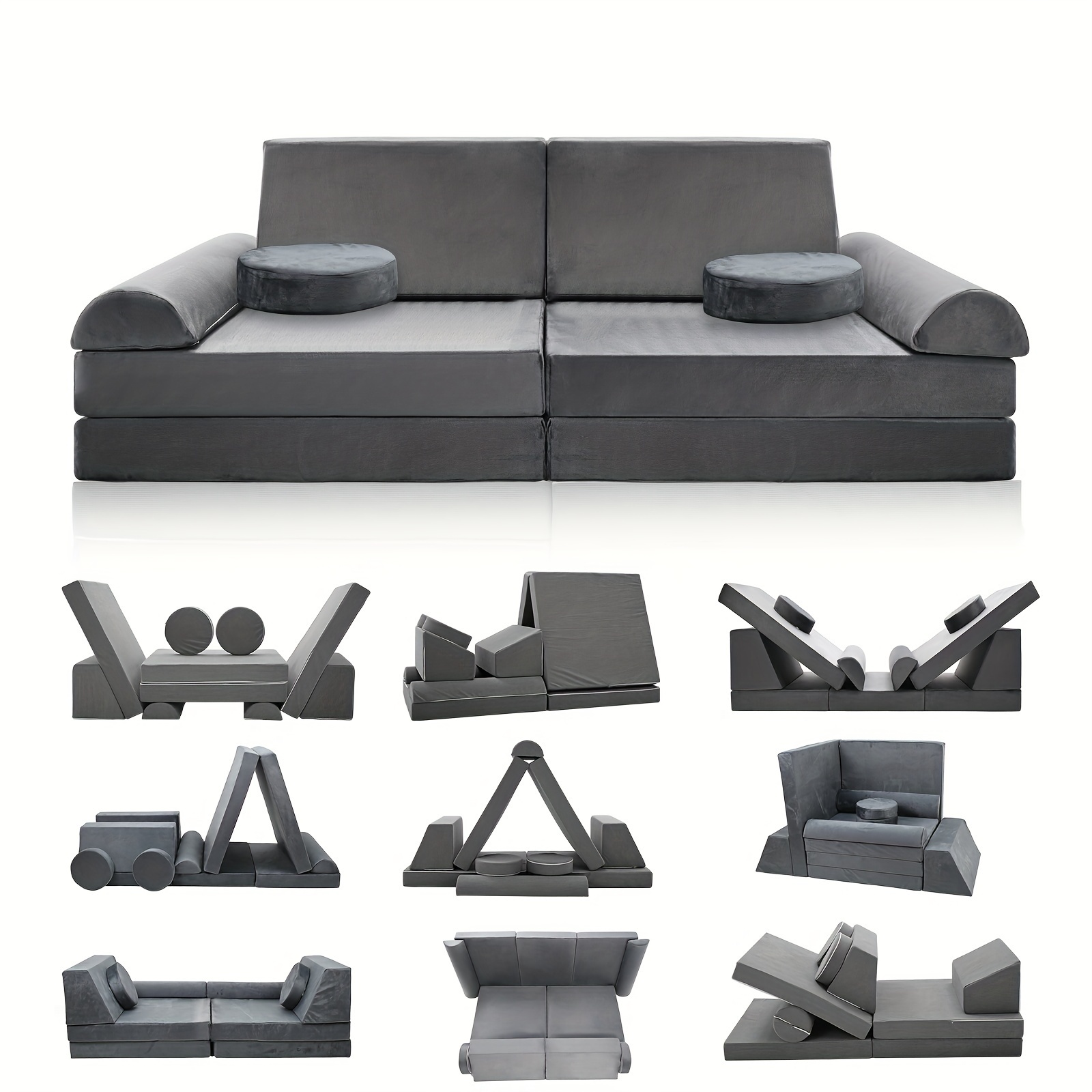 

10pcs Imaginative Couch Sofa Set, Modular Couch For Playroom Bedroom, Convertible Foam And Floor Cushion For Playing, Creativing, Sleeping, 63"l, Gray