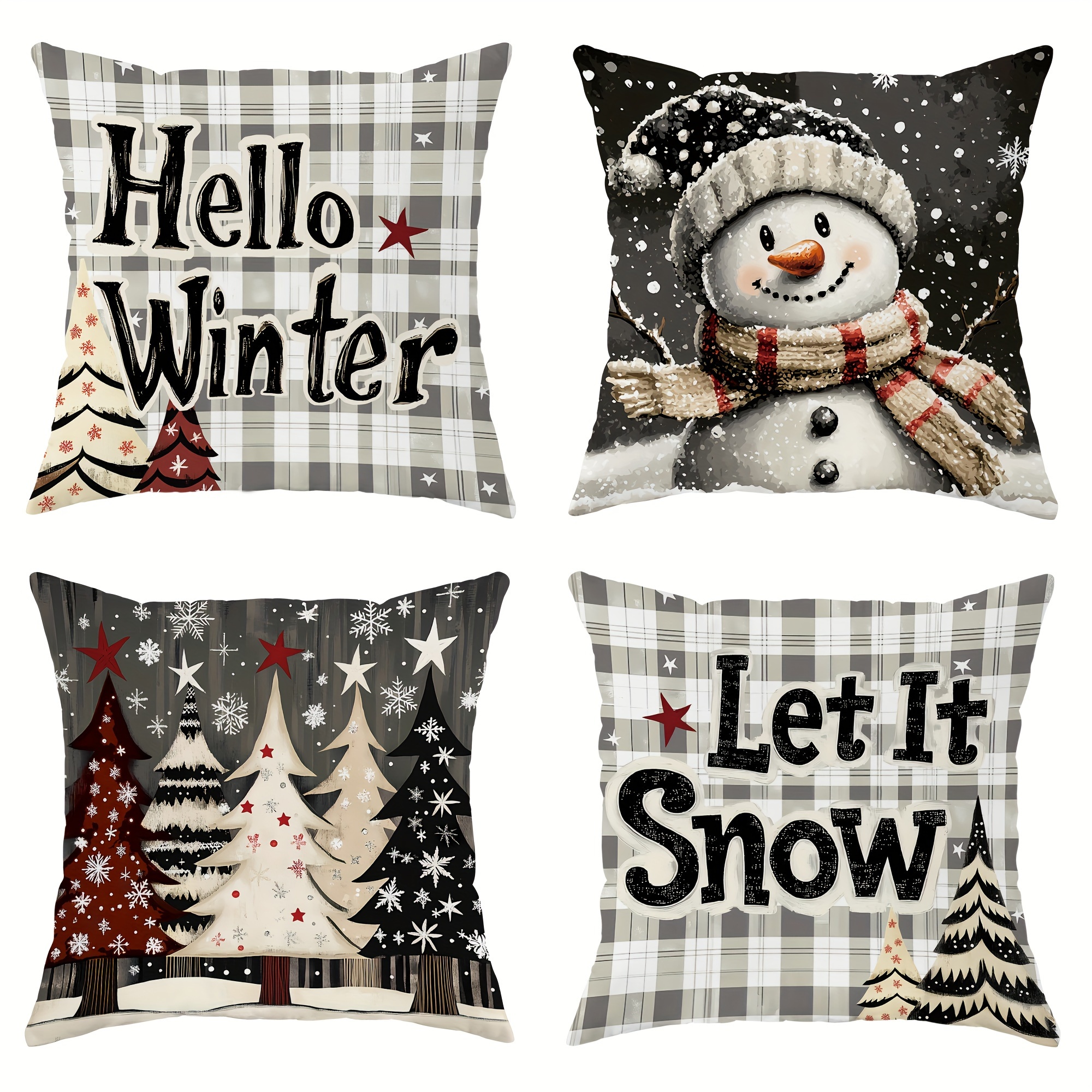 

4pcs Christmas Snowman Red Decorative Pillowcases 1 18in*18in For Sofa Bed Decor Inserts