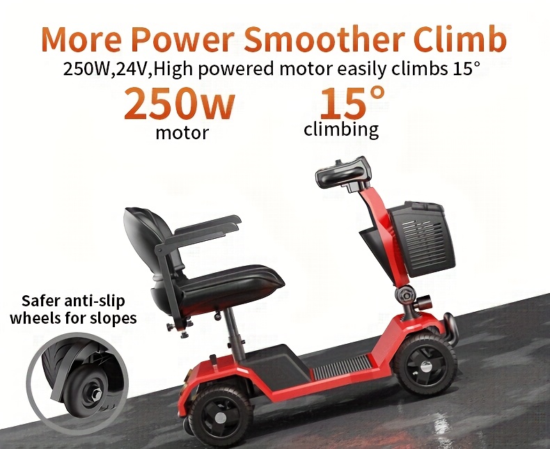 the four wheel electric scooter is foldable with a 250w motor 24v 12ah battery 15 5 mile range 8 inch solid tires 300 lb load capacity removable basket front headlight rear anti tilt wheels and easy     Product details 7