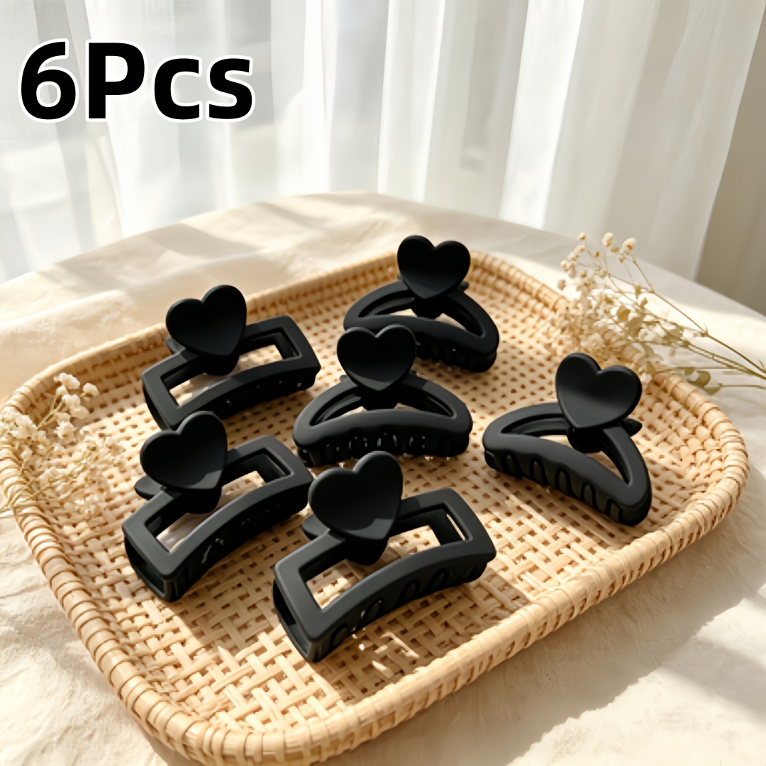 TEMU 6pcs Matte Textured 3d Heart Half- Clips And Heart Rectangle Clips. Hides Dirt And Matches Any Outfit. Matte Black Is Low-key And . Low