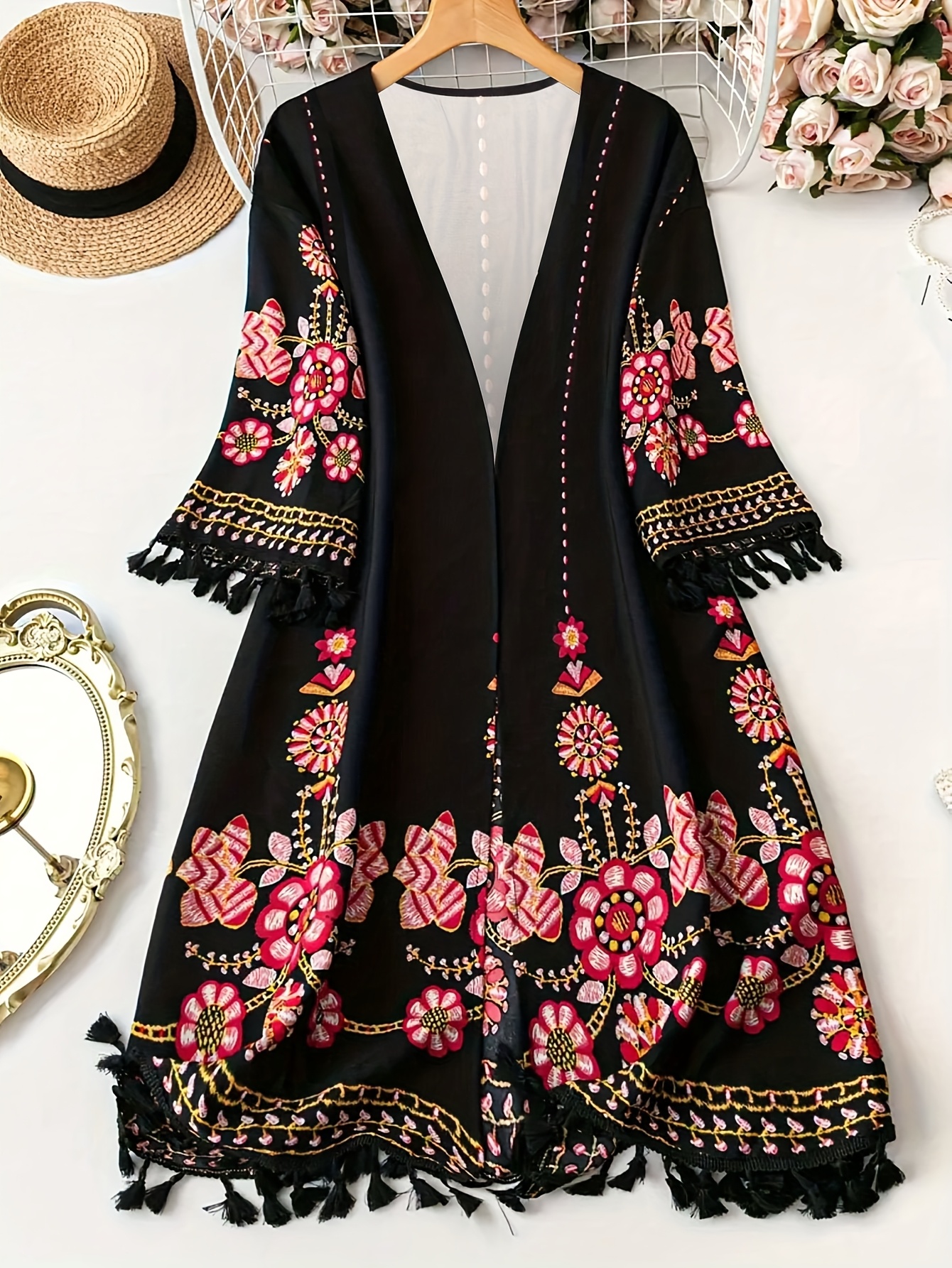 womens floral print fringe cardigan robe black with   golden accents open front long sleeve fabric machine washable   traditional attire cardigan for dress spring outerwear autumn layering piece no stretch fabric