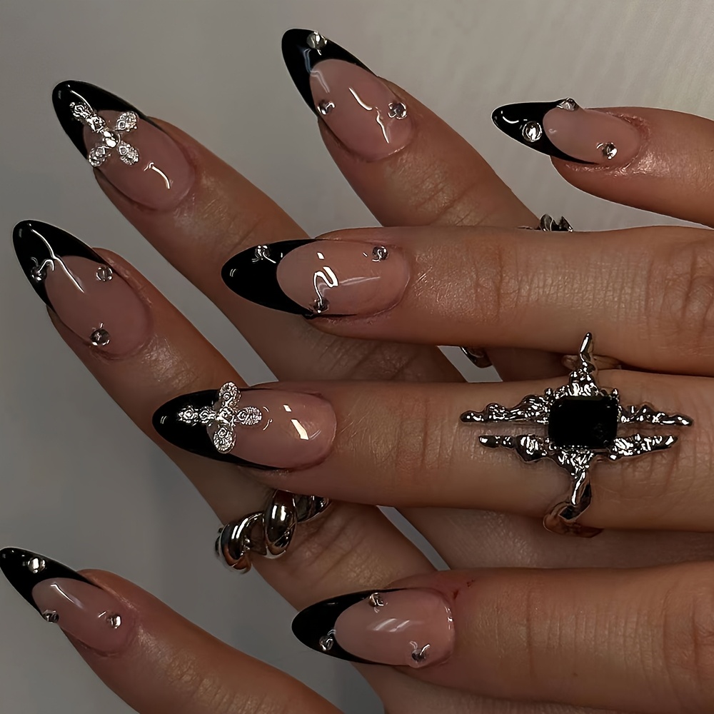 TEMU 24pcs Medium Almond Press On Nails, Sheer Nude Base French Tips, Silvery Cross Metal Charms And Mini Clear Rhinestone Decor, Glossy Cool Gothic