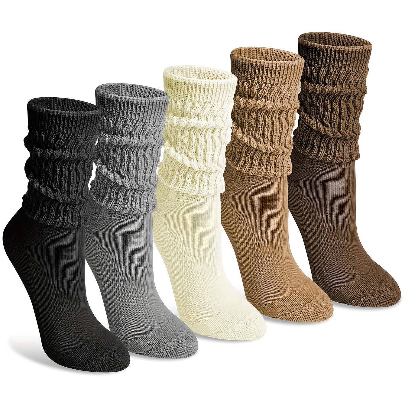 TEMU 5-pair Women's Autumn/winter Warm Slouch Socks, Premium Solid Color, Fashionable, Warm, And Versatile Long Socks, Adjustable Length, Casual Long
