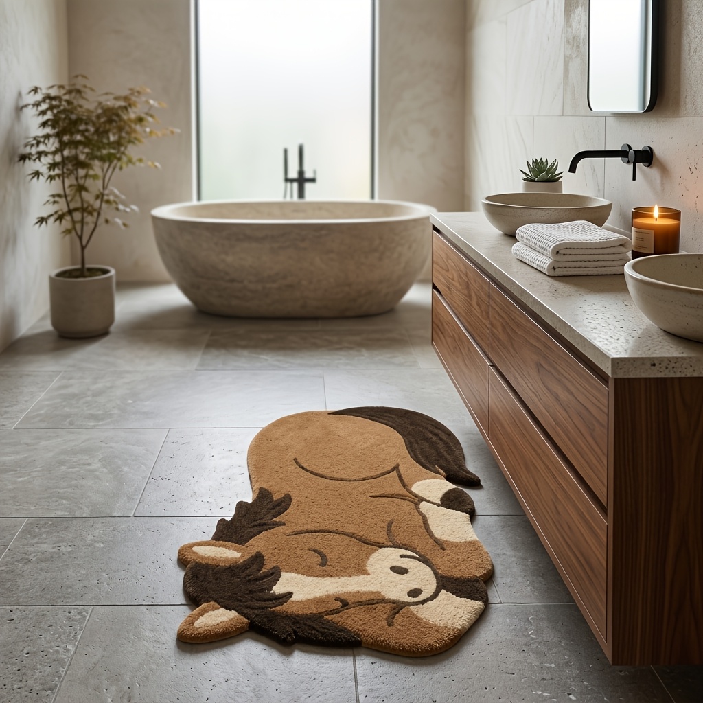 TEMU 1pc 2d Flat Surface Brown Pony Carpet, Suitable For Bedrooms, Carpets, Soft Washable Floor Mat, Irregular Horse-shaped Floor Decoration, For