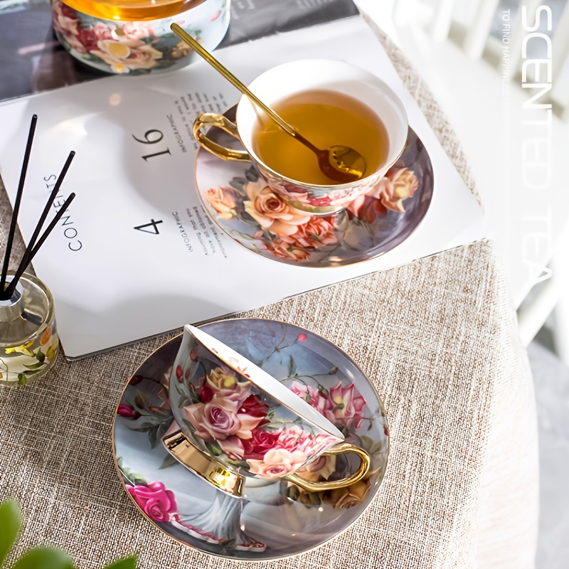 6pcs elegant floral ceramic coffee cup and saucer set with 2 dishes 2 cups and 2 spoons ideal for afternoon tea perfect gift for friends and lovers hand wash only round shape suitable for coffee shops and dessert shops coffee bar accessories Product details 2