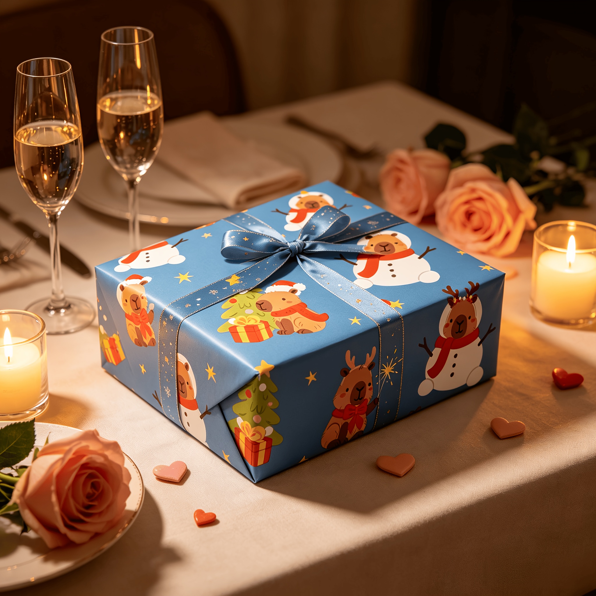 TEMU 1 Rouleau de de Noël 17X118 Pouces, Base Bleue Hiver Capybara de Neige Sapin de Noël Imprimé Papier d'Emballage Décoratif, Emballage Cadeau de