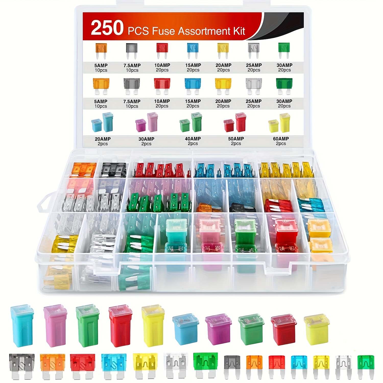 TEMU 250pcs Fuses + Box Fuses Blade Car Fuse Assortment Kit 5a 7.5a 10a 15a 20a 25a 30a Standard Mini Fuses 20a 30a 40a 50a 60a Low Tall Std Profile