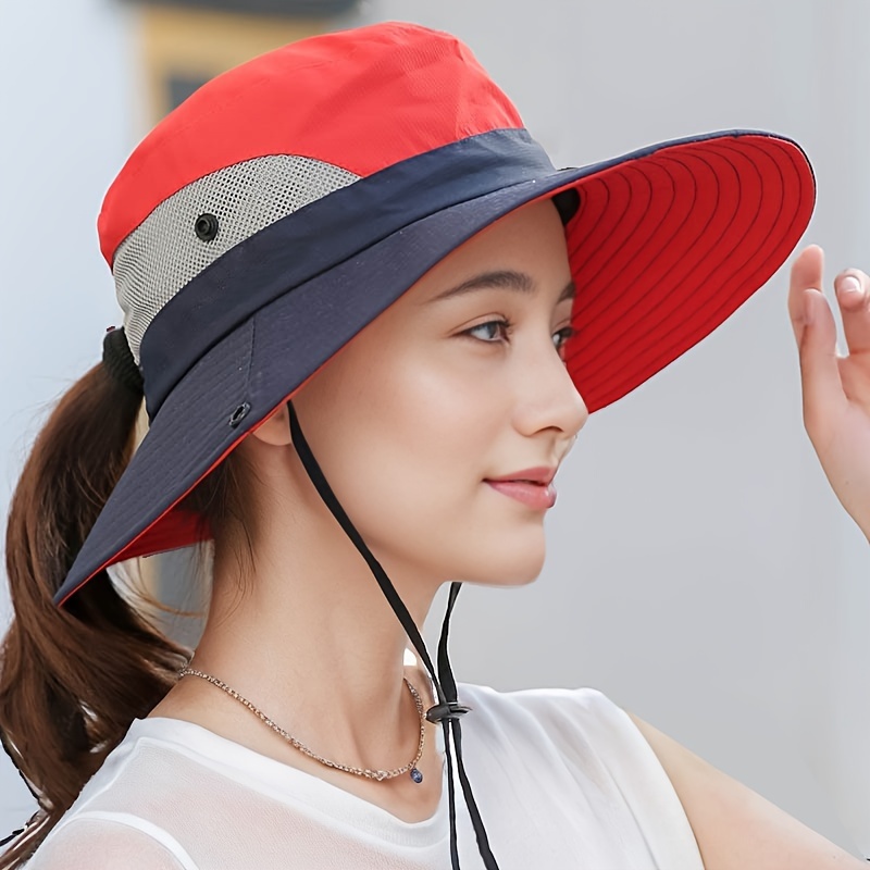 Women Ponytail Bucket Hat Neck Flap Adjustable Lanyard Solid - Temu