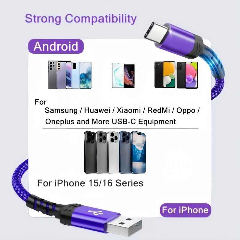 Cablu USB la Type-C cu Încărcare Rapidă, Sincronizare Date de Mare Viteză, pentru iPhone 15/16, pentru Macbook Air/Pro, pentru iPad, pentru Samsung, pentru Xiaomi și Alte Dispozitive