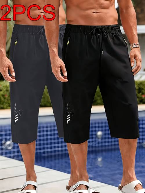 2pcs mens quick dry swim trunks lightweight breathable polyester solid color with side zipper drawstring summer beach pool and outdoor activitie