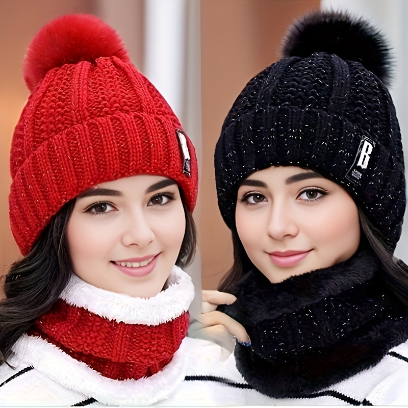 

1 Set Of Knitted Hat Suit Winter Warm Scarf Thickened Plush Wind-proof And Cold-proof Warm Hat Scarf