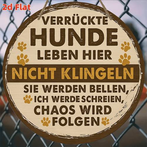 2d-flach, . 2d-flaches rundes holzschild, wohnt verrückter hund vintage-dekoschild, nicht an der türklingel klingeln lustige warnung dekoschild, zur dekoration von innenhöfen, haustüren, wohnzimmern, bauernhäusern, cafés, bars, garagen, 2d-flach