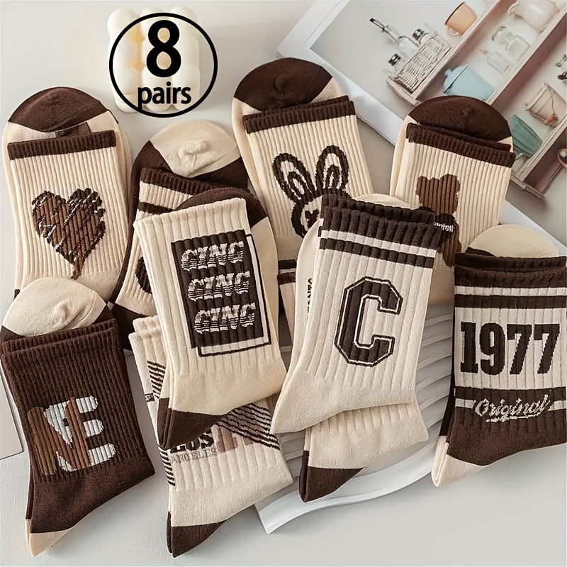 TEMU 4/8 Pairs Of Random Mid-tube Casual Socks, Retro Letter Print Socks - Erde Color Retro Mid-tube Unisex Socks, Hand Wash , For Casual And Sports,