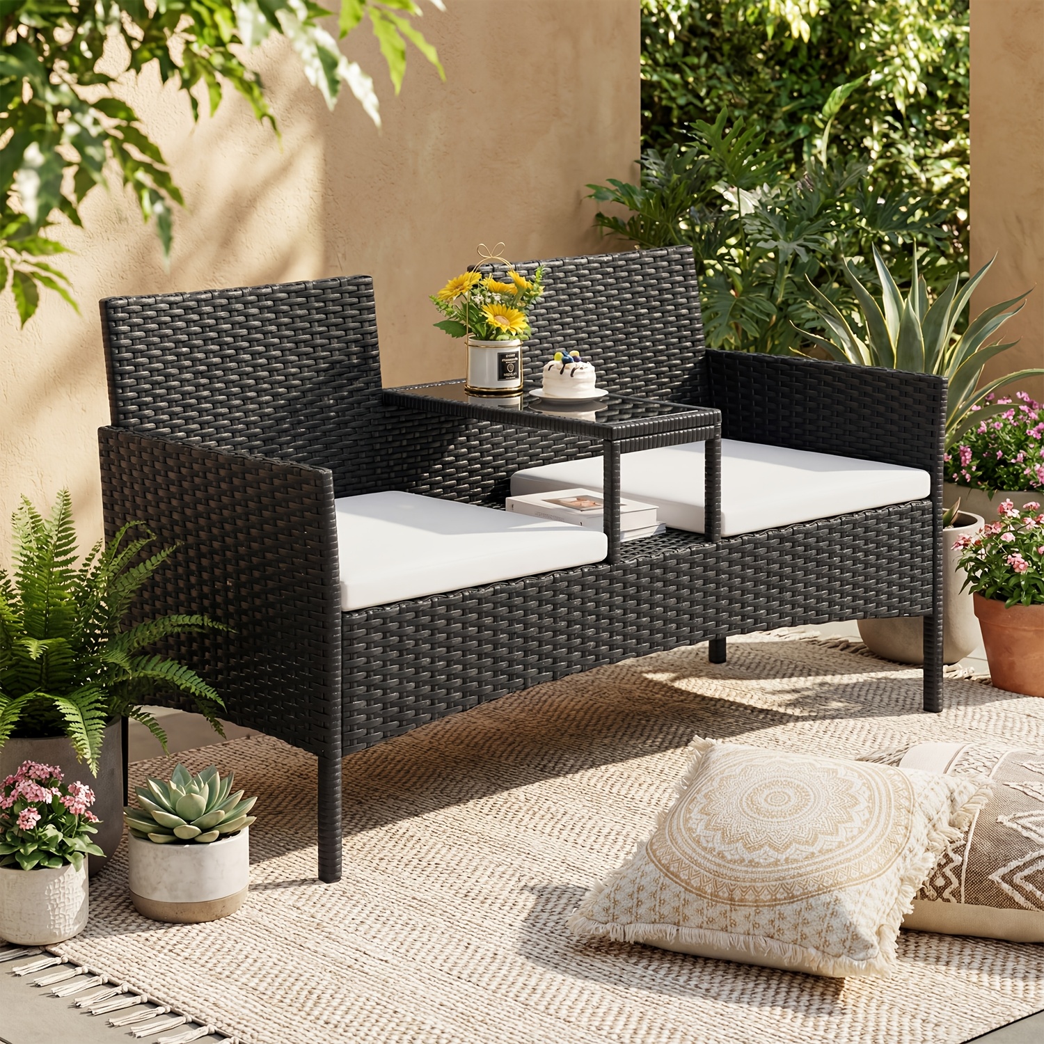Wicker Patio Conversation Furniture Set, Outdoor Furniture Set With Removable Cushions And Table, Tempered Glass Top, Modern Rattan Bench For Garden Lawn Backyard