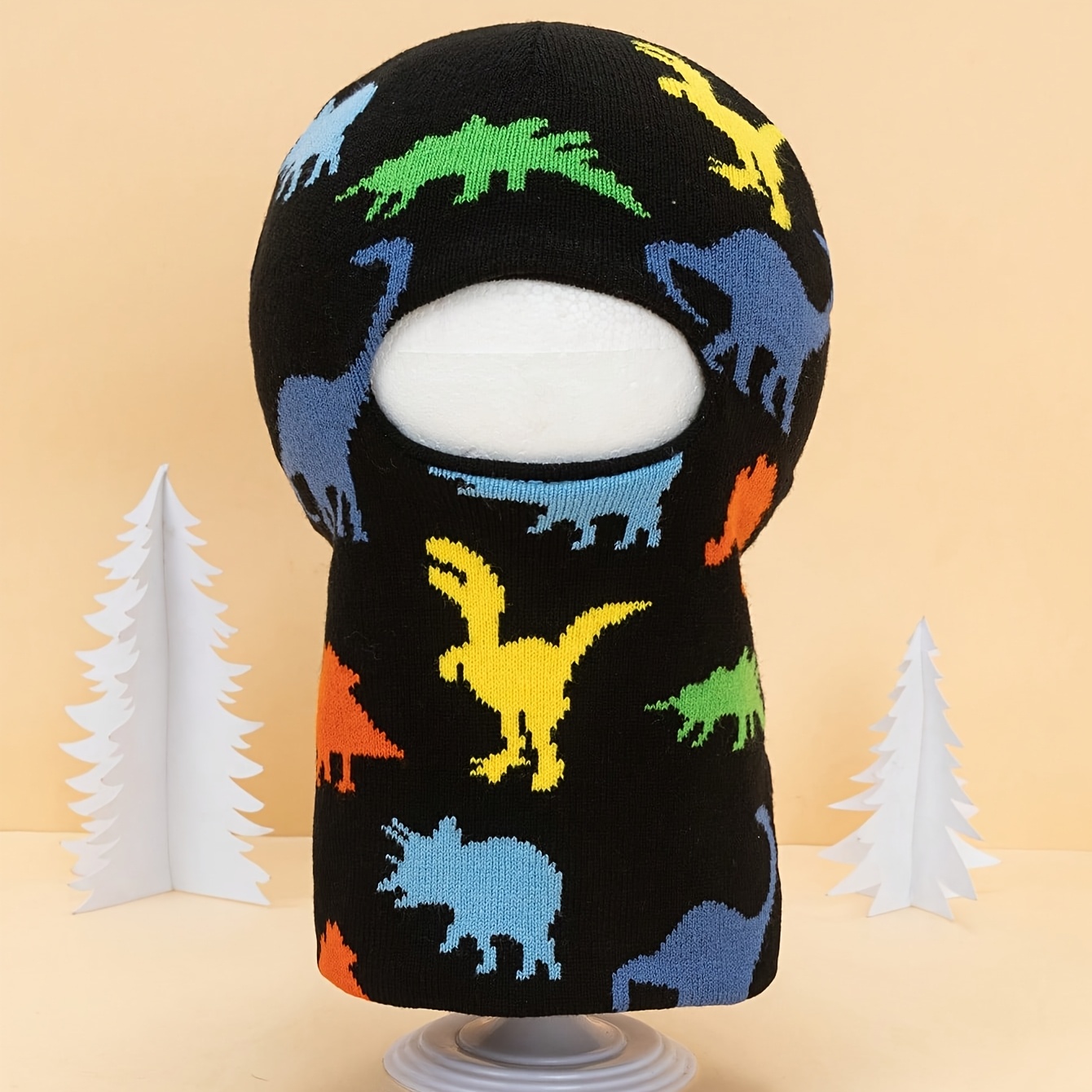 Image of 1pc Dinosaur Boy Colorful Hat With Scarf, , Knitted Onesie Hat, Warm Hat, , Outdoor Activities, Style, Cozy Knitwear, Hand Washable, Face Covering