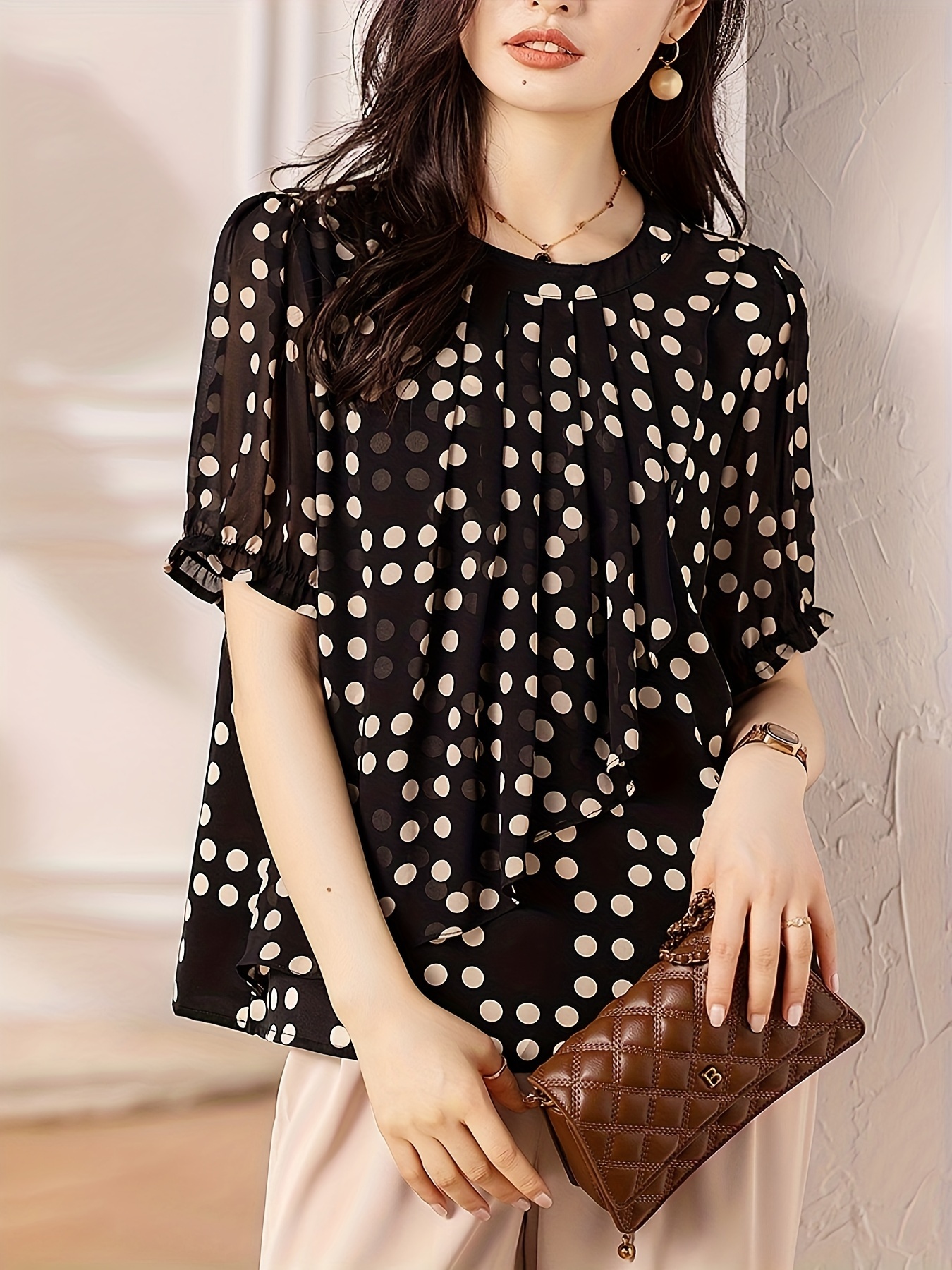 Plus Size Polka Dot Print Blouse Casual Crew Neck Short Sleeve Blouse For Summer Women s Plus Size Clothing