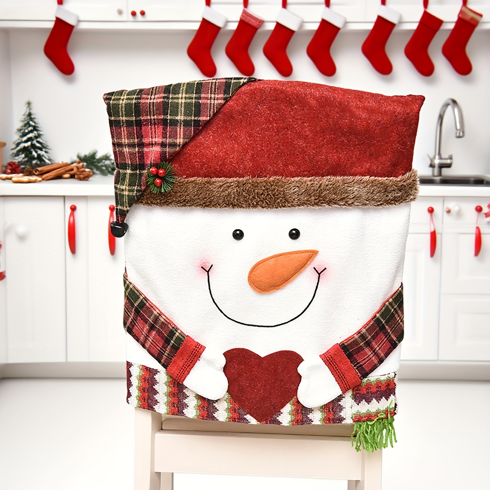 TEMU New Christmas Faux Leather Teddy Bear Chair Cover, Christmas Decoration, Style Retro Santa Hat Chair Back Cover, Christmas Snowman Reindeer