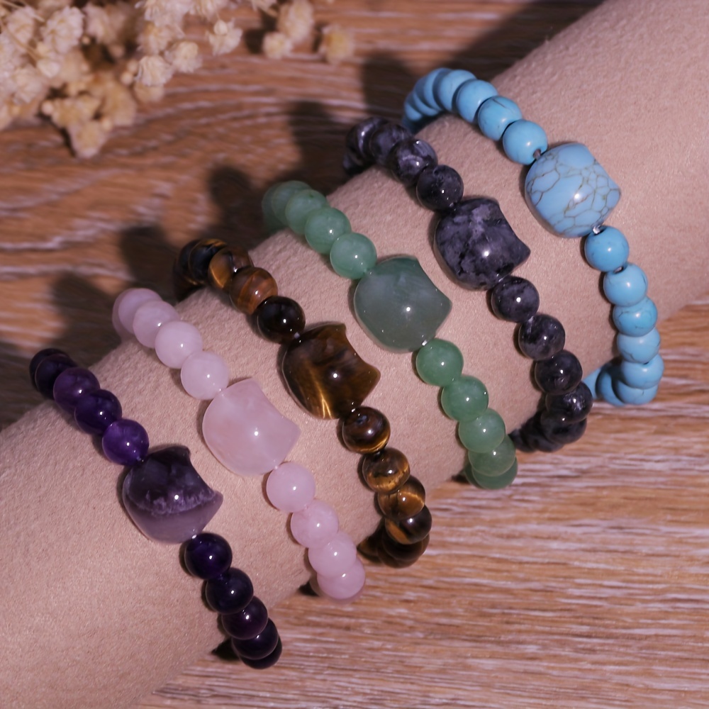 Cat Themed Stone Bracelet in Rose Quartz, Turquoise & Amethyst