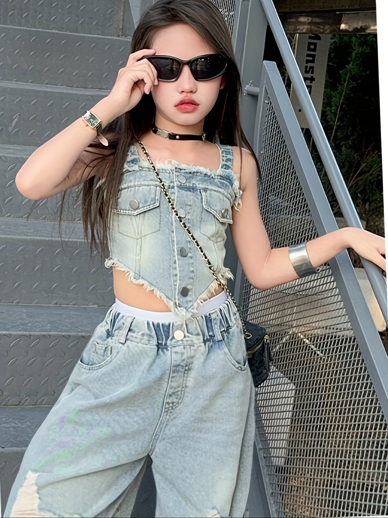 Fashionable Summer Denim Outfit for Girls, Featuring a Trendy Two-Piece Set  with Wide-Leg Pants And a Camisole, for Outdoor