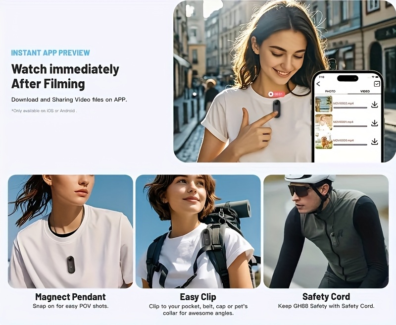 1080P UHD Mini WIFI Action Camera 32&128GB Thumb POV Portable Body Cam Wearable Video Recorder with Magnetic Lanyard, Helmet Mount, Pocket Sport DV for Bike Cycling, Motorcycle, Pet, Vlogging(White, Black)