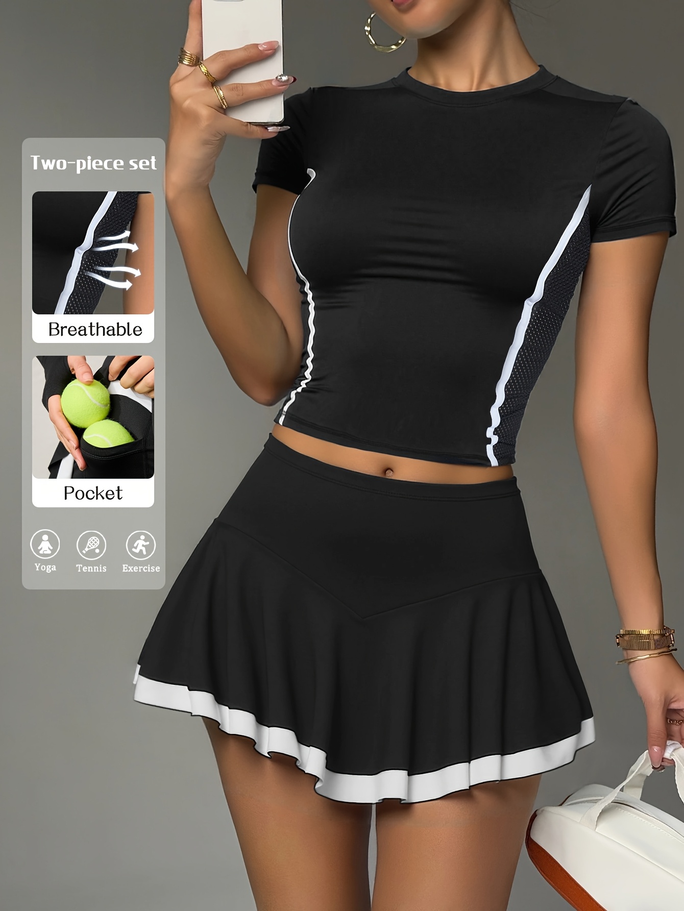 womens sporty casual two piece set   stripe short sleeve t shirt color block pocketed skirt breathable mesh design   fit fitness running sexy tennis dress fashion outfit