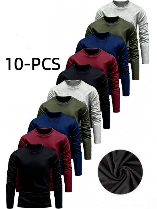 item picture 10pcs mens solid color quick dry mesh long sleeve sweatshirts with round neck breathable and comfortable basic ideal for gym workouts activities casual fitness and casual attire great as a gift