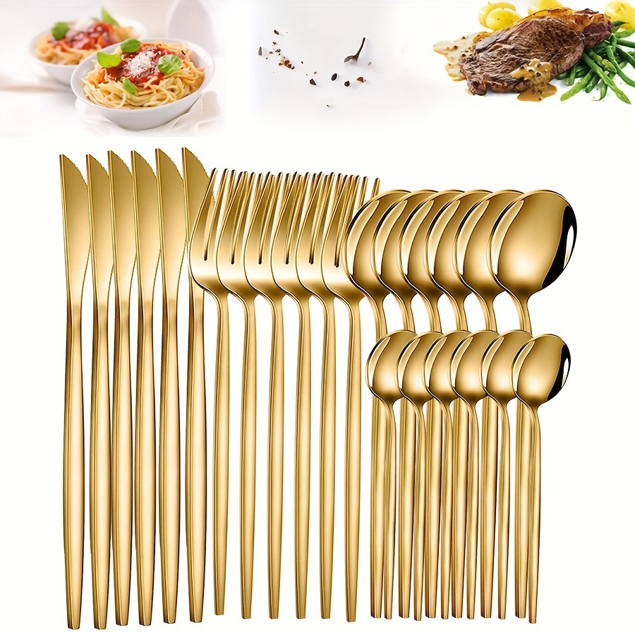 

24pcs Gold Stainless Steel Cutlery Set With Dinner Knife, Dinner Fork, Dinner Spoon And Teaspoon, Mirror Polished, Machine Washable, Tableware For Home Kitchen And Dining Room Use