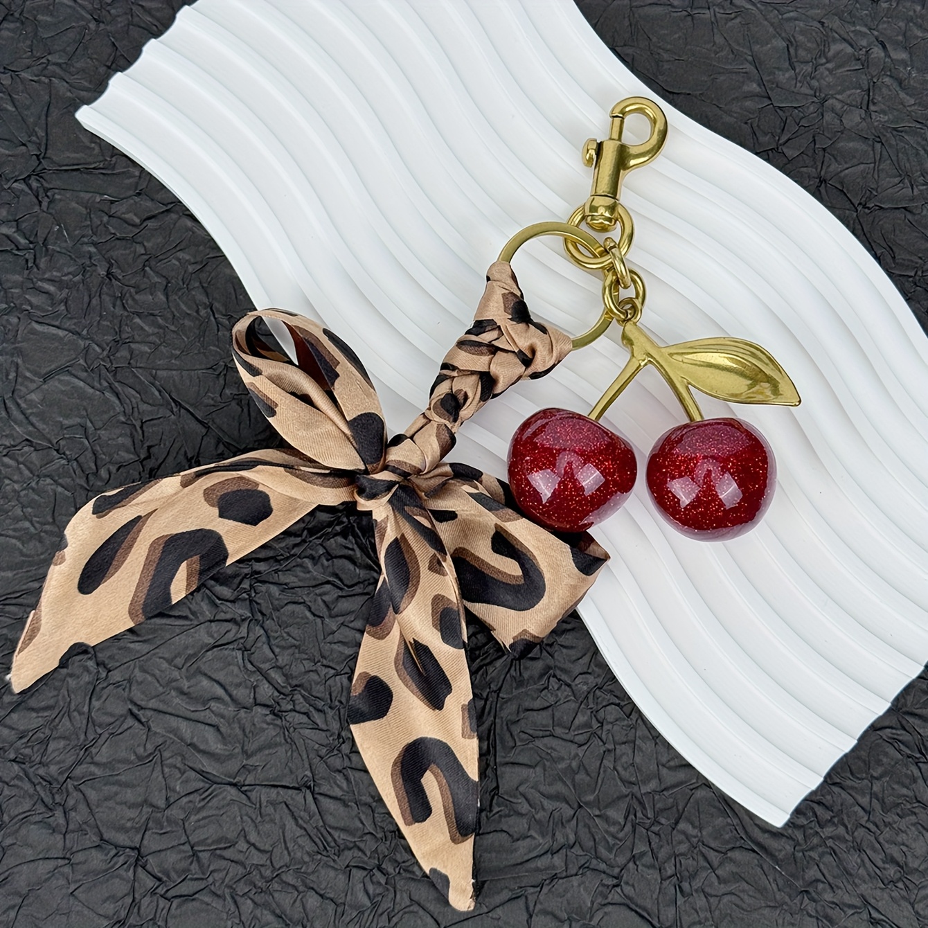 Cherry Pendant Leopard Print Bow Bag Charm Vintage Sweet