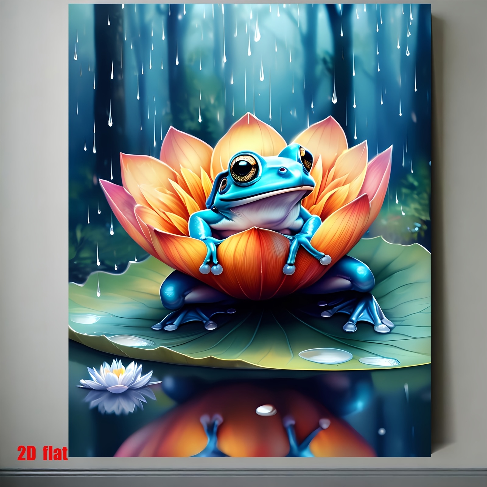 artikel foto [2d plat lijstloos] [professioneel kunstgebruik] 1 stuks digitale olieverfschilderij kit, beginnersvriendelijke starterset, blauwe kikker zittend op lotusbloemblaadjes in een regenachtig bos tafereel, diy schilderen op nummer, geschikt voor woonkamer, slaapkamer, sportschool wanddecoratie